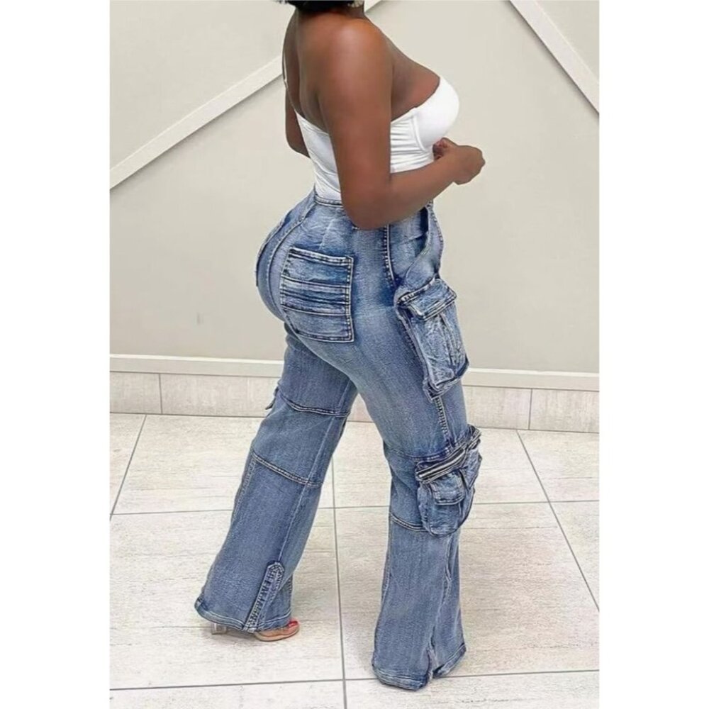 Womens Blue Denim Cargo Pants With Multiple Pockets L.K.O.U.S. Size L